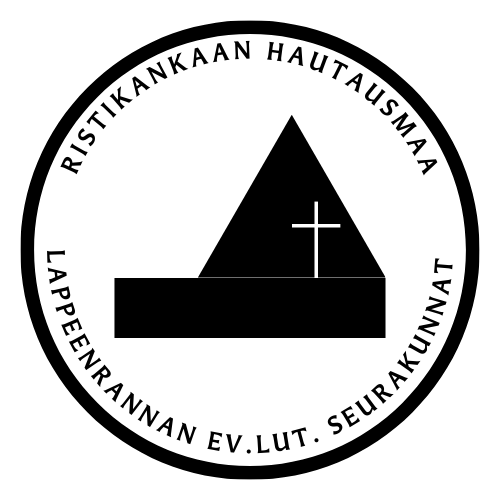 Musta-valkoinen ympyrä, Ristikankaan hautausmaa ja  Lappeenrannan ev.lut. seurakunnat kehällä ja keskellä kappelin muoto mustana