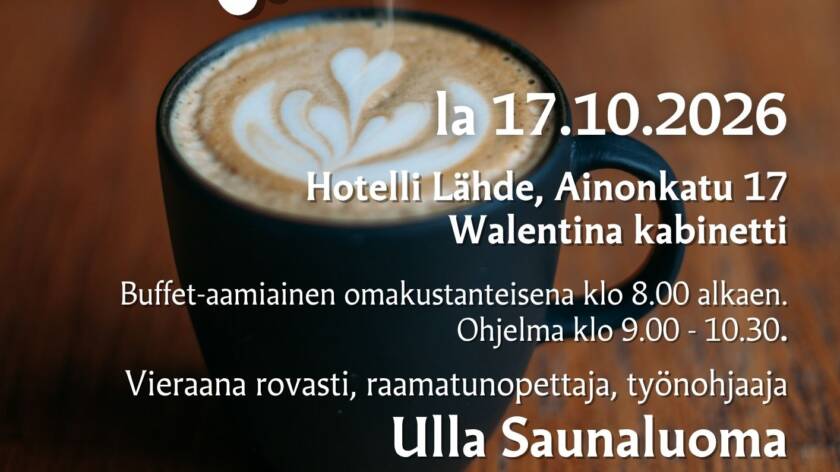 ruskealla pohjalla höyryävä kahvikuppi, jonka päällä tekstit