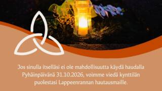 kuva hautausmaalta, kynttilät palaa ja etualalla lyhtykynttilä. päällä teksti.