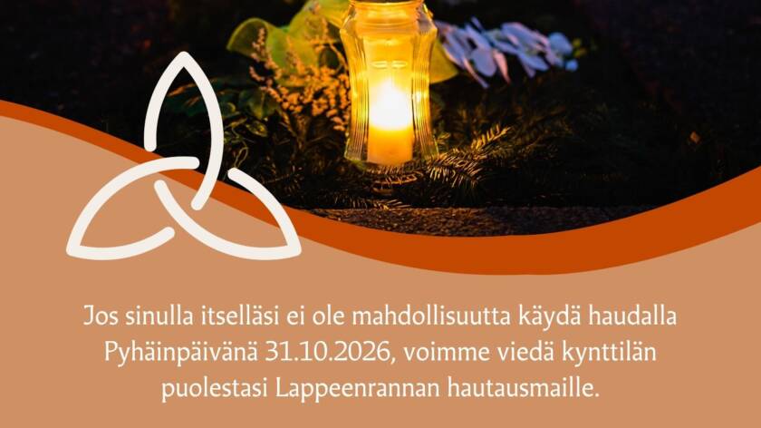 kuva hautausmaalta, kynttilät palaa ja etualalla lyhtykynttilä. päällä teksti.