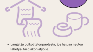 piirretty kuva puikoilla kaulaliina ja kahvikuppi ja korvapuusti