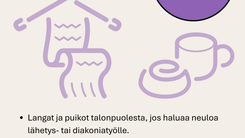 piirretty kuva puikoilla kaulaliina ja kahvikuppi ja korvapuusti
