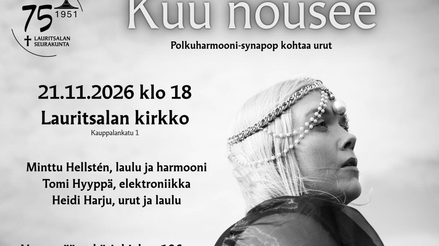 Kuvassa Minttu Hellstén helmistä tehdyssä pääkoristeessa sekä konsertin tiedot ja esiintyjät.
