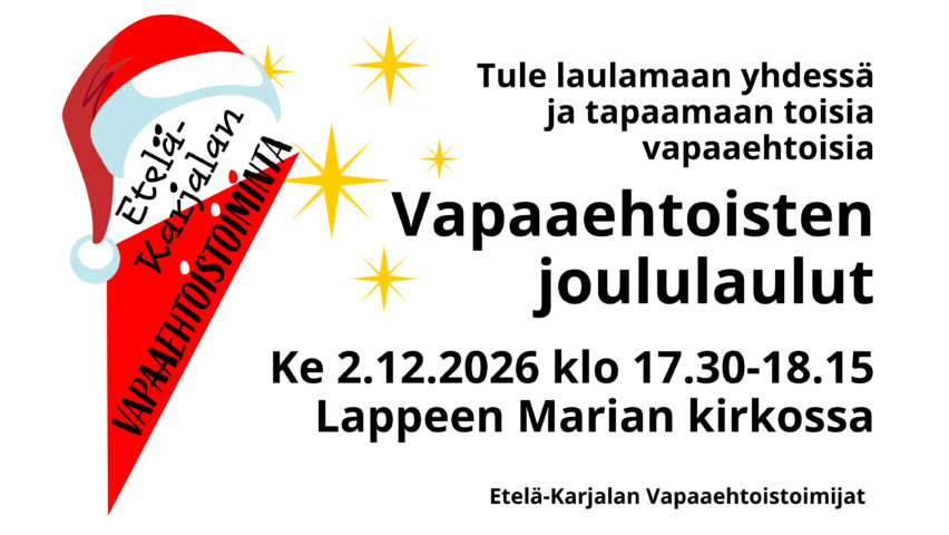 Vapaaehtoisten joululaulut mainos, jossa vapaaehtoistoiminnan logo, jolla on tonttuhattu.